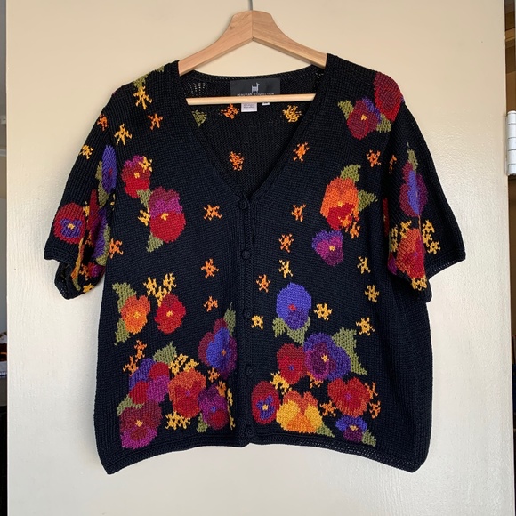 Peruvian Connection Black Floral 100% Alpaca Sweater Top Sz.L-XL Cardigan V-neck - Picture 1 of 14